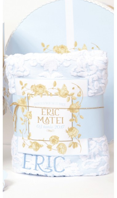 Trusou botez albastru brodat pentru baieti cu trandafiri aurii, Golden Rose 9